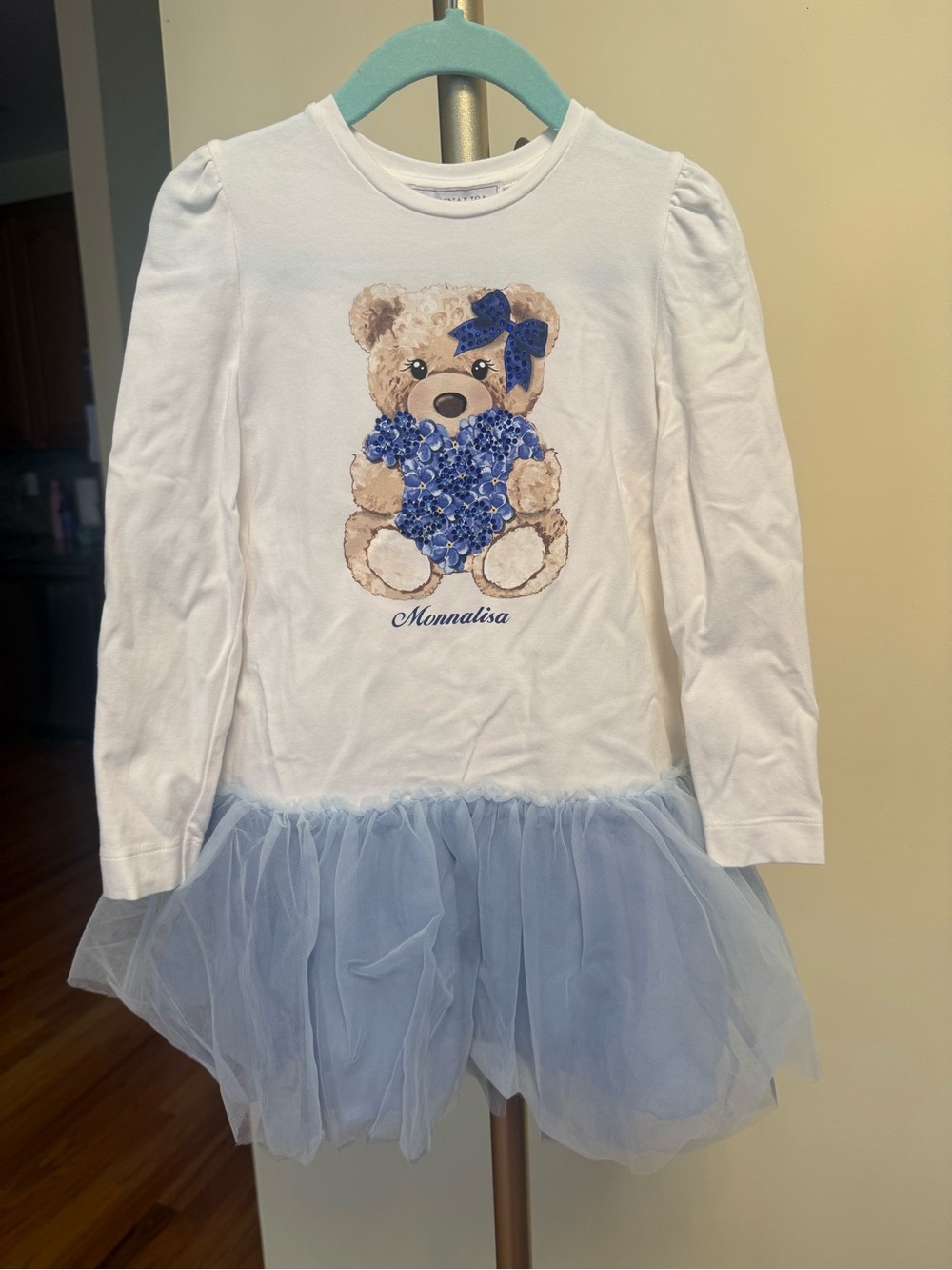 MonnaLisa White Long-Sleeve Dress with Blue Teddy and Light Blue Tulle